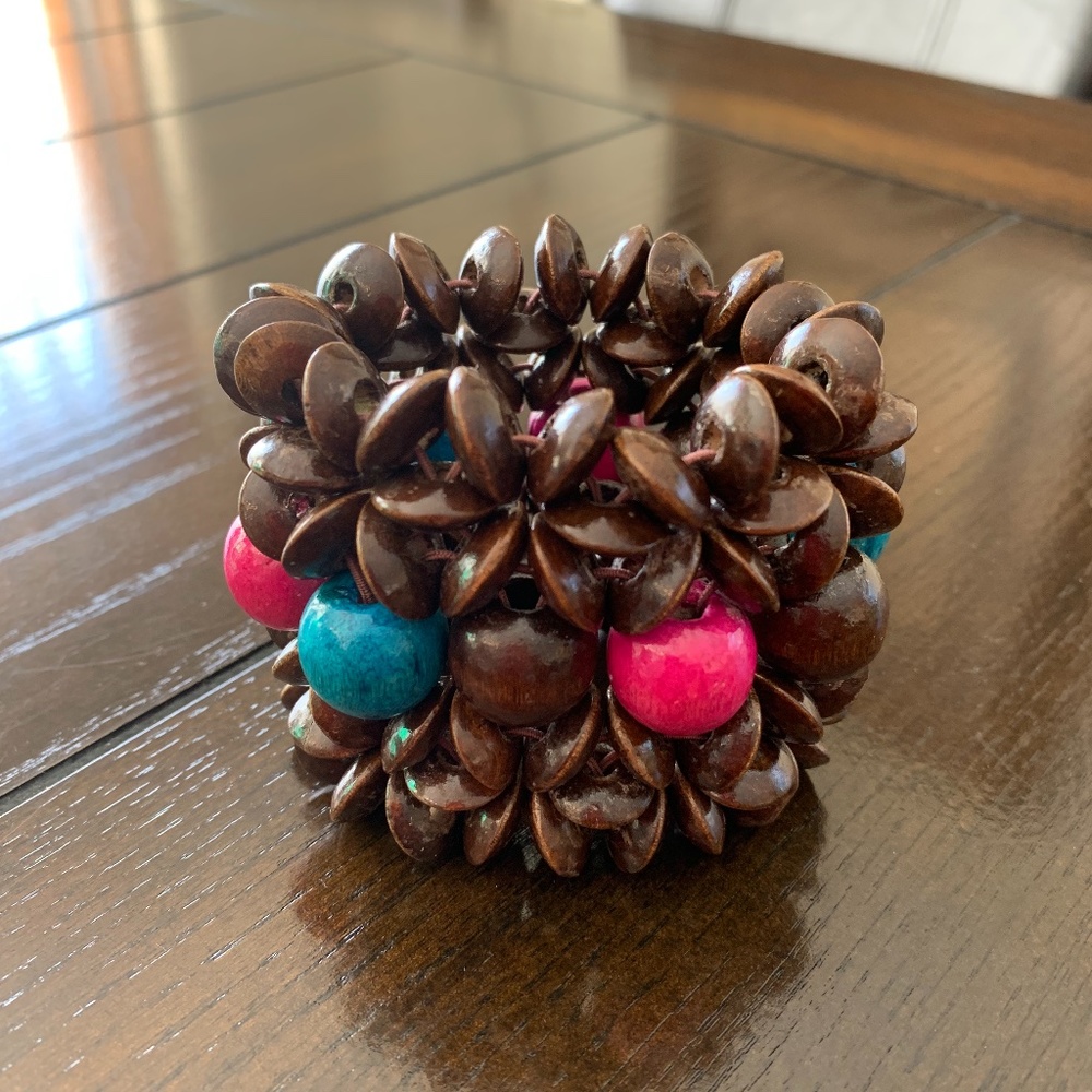 Brown, Pink, and Blue Wooden Beaded Stretchable Bracelet